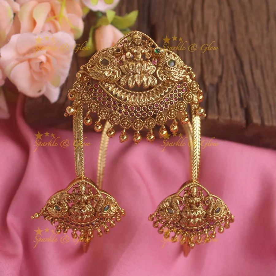Gorgeous Gold alike lakshmi peacock carved U shapped vanki with multi colour stones and glod beads,Single pc - Sparkle and Glow
