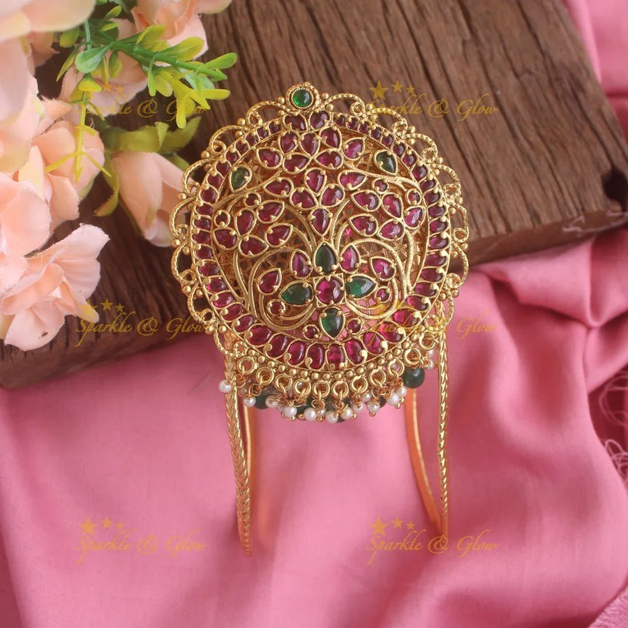 Grand intricate floral design Round shaped vanki with kemp stones and Pearl beads,Single pc - Sparkle and Glow