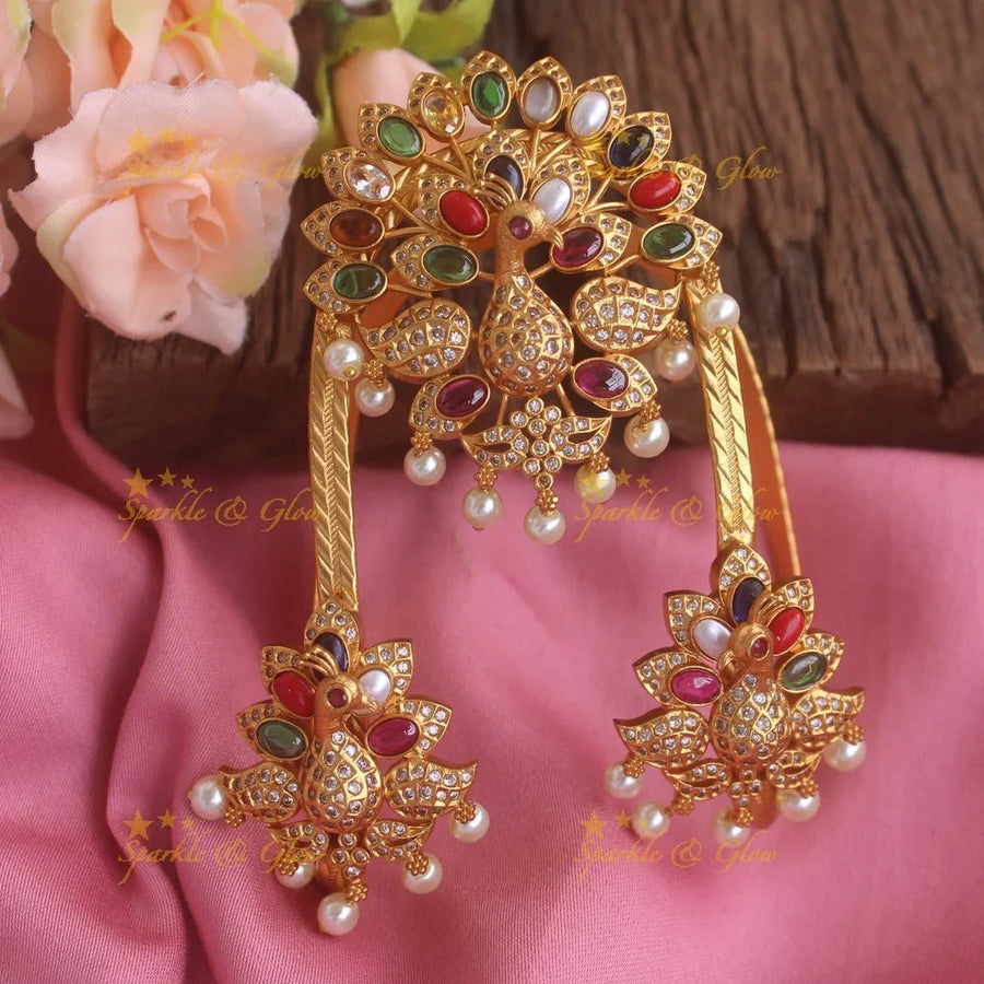 Grand intricate Gold alike Peacock design carved U shapped vanki with navarathna stones,Single pc - Sparkle and Glow