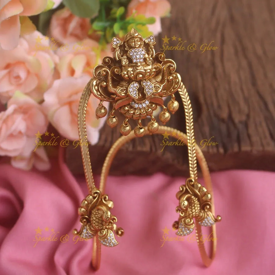 Gorgeous Gold alike lakshmi Peacock and Elephant carved U shapped vanki with multi colourstones and glod beads,Single pc - Sparkle and Glow
