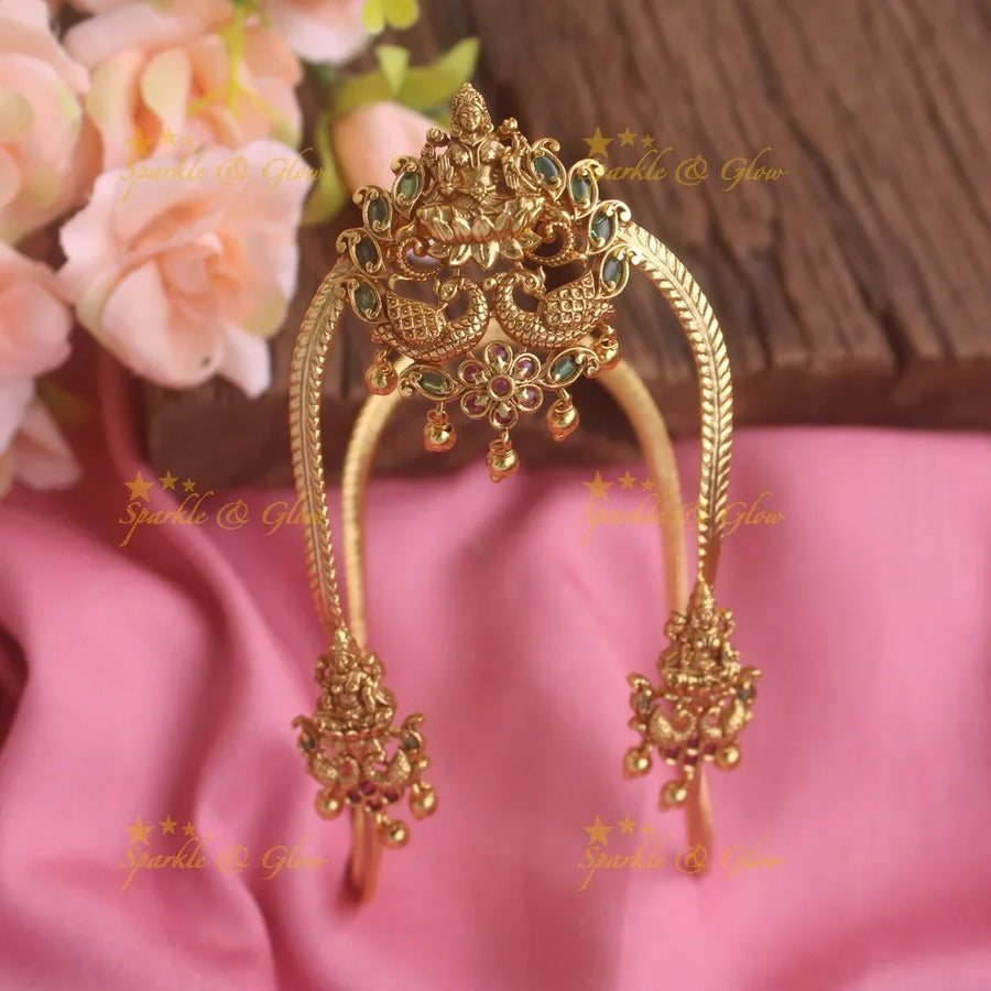 Beautiful Gold alike lakshmi peacock carved U shapped vanki with glod beads,Single pc - Sparkle and Glow