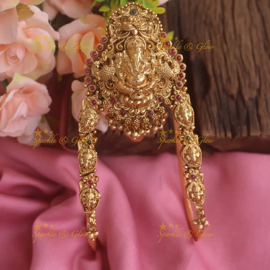 Exclusive Gold alike Ganesha peacock carved U shaped vanki with Glod beads,Single pc - Sparkle and Glow
