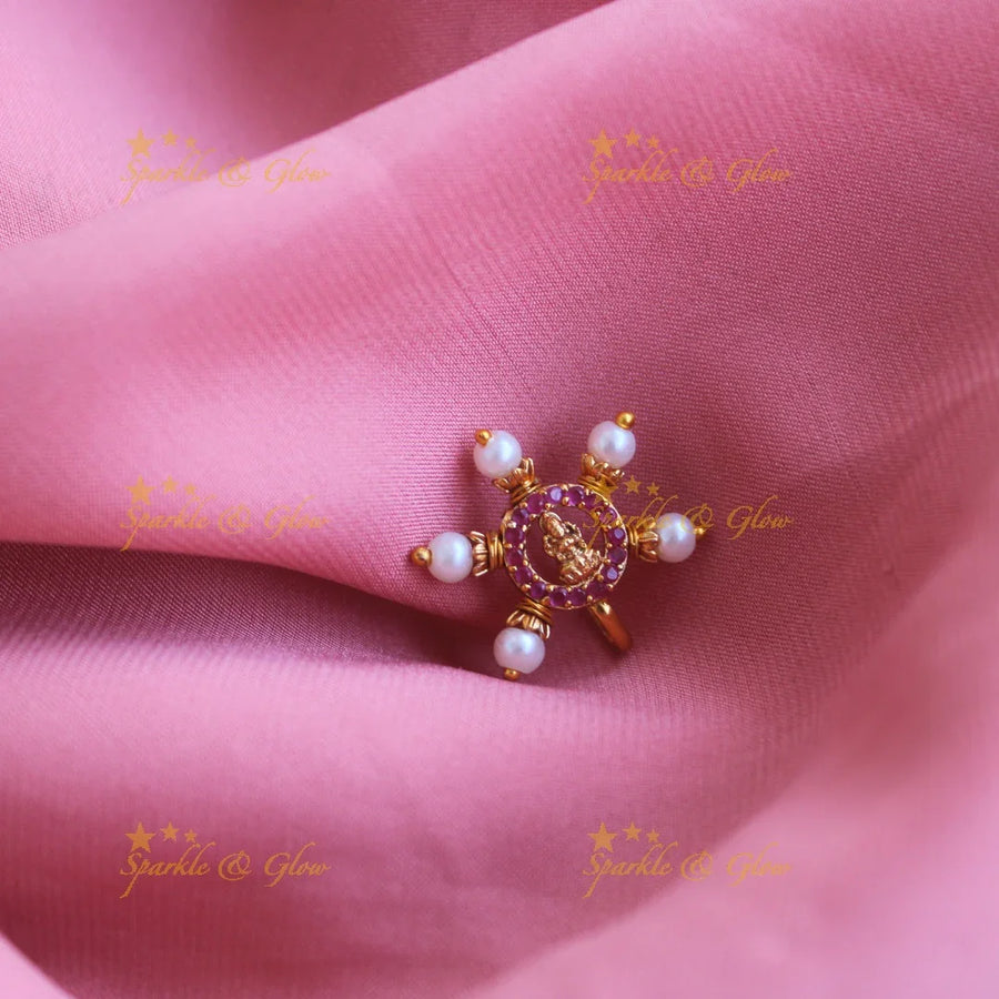 Gold Lakshmi press type ad nosepin with pearls-Pink - Sparkle and Glow