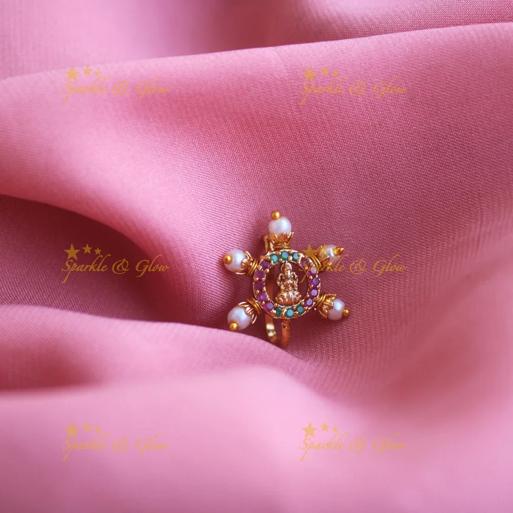 Gold Lakshmi press type ad nosepin with pearls-Pink - Sparkle and Glow