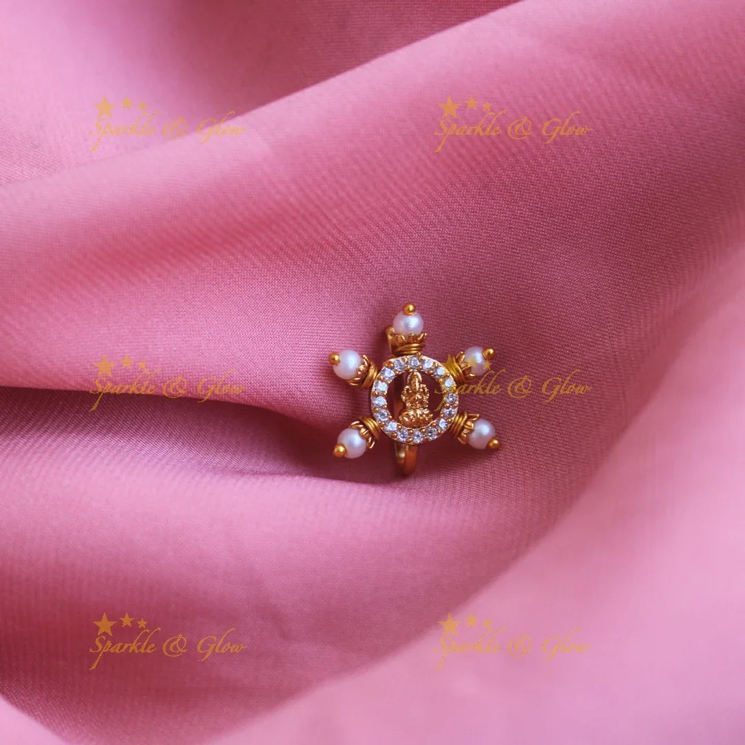 Gold Lakshmi press type ad nosepin with pearls-Pink - Sparkle and Glow