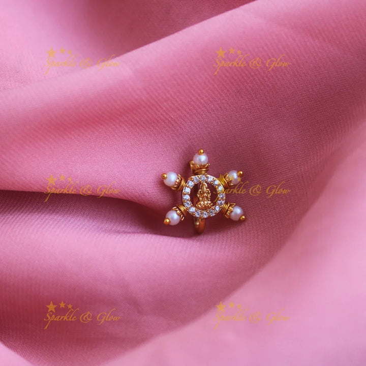 Gold Lakshmi press type ad nosepin with pearls-Pink - Sparkle and Glow