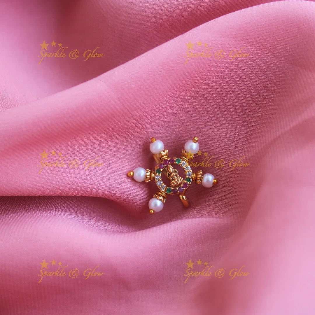 Gold Lakshmi press type ad nosepin with pearls-Pink - Sparkle and Glow