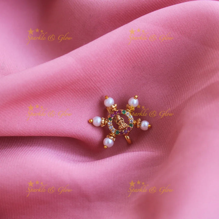 Gold Lakshmi press type ad nosepin with pearls-Pink - Sparkle and Glow