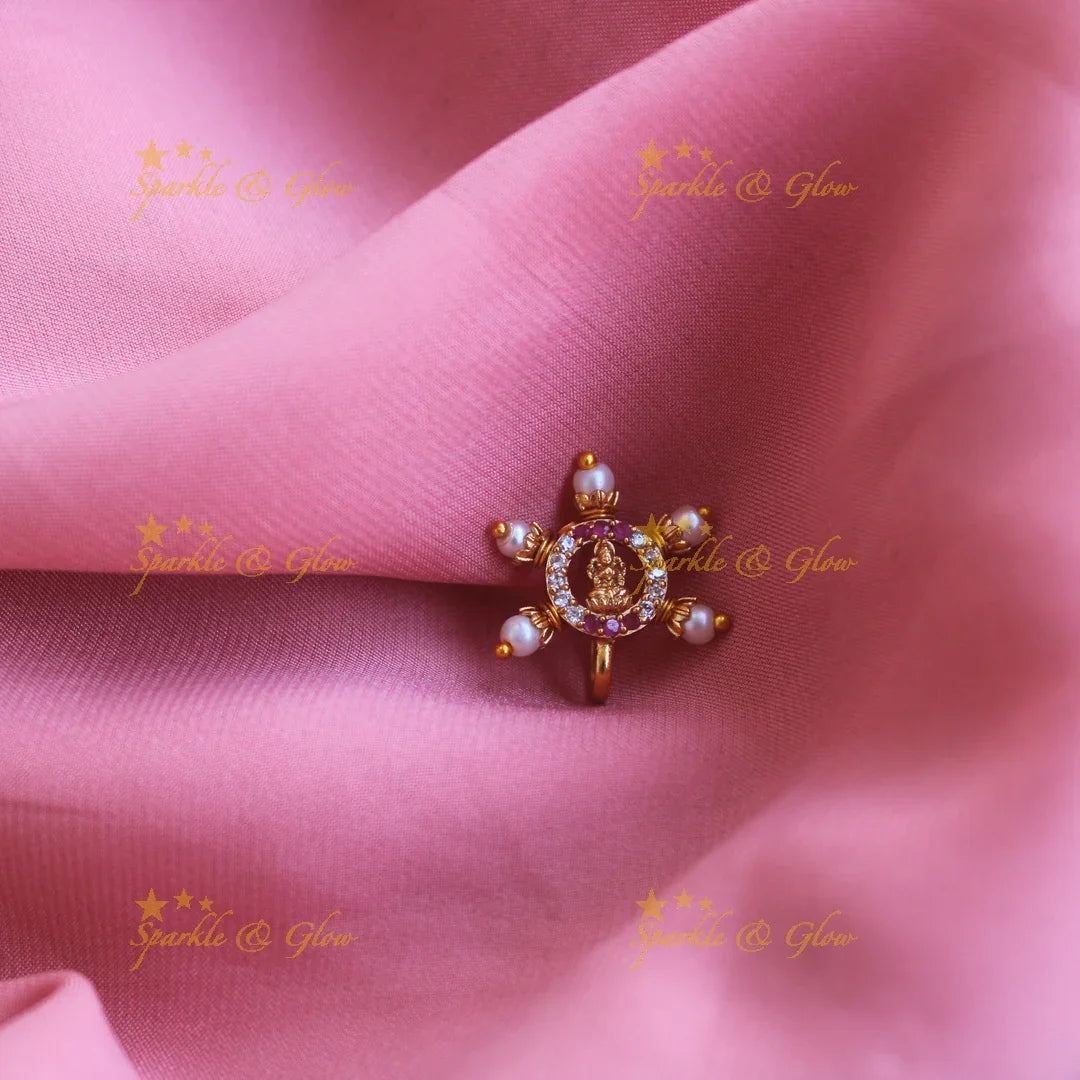 Gold Lakshmi press type ad nosepin with pearls-Pink - Sparkle and Glow