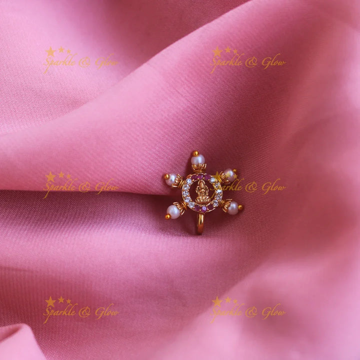 Gold Lakshmi press type ad nosepin with pearls-Pink - Sparkle and Glow
