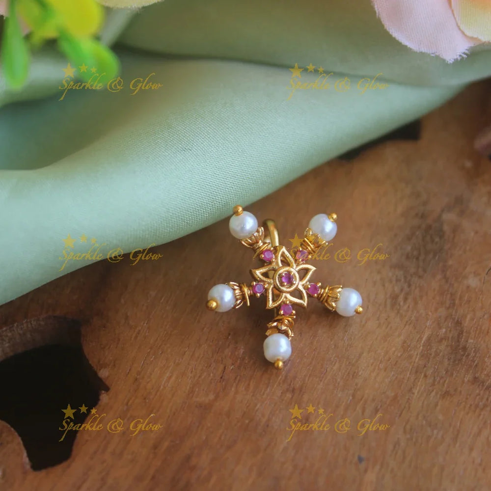 Gold polished snowflake press type ad nose pin - PinkGreen - Sparkle and Glow