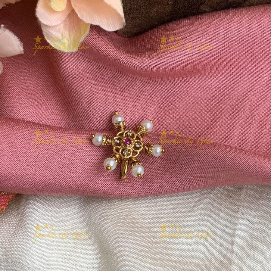 Gold polished snowflake center flower press type ad nose pin - White Pink - Sparkle and Glow
