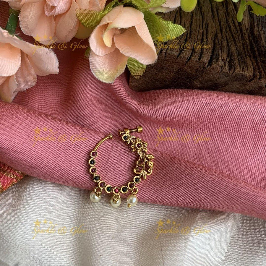 Antique screwtype floral nosepin with pearls - Sparkle and Glow