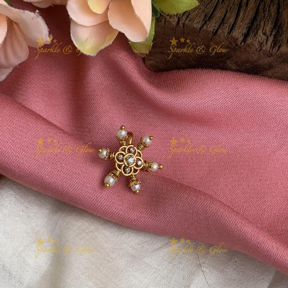 Gold polished snowflake center flower press type ad nose pin - White Pink - Sparkle and Glow
