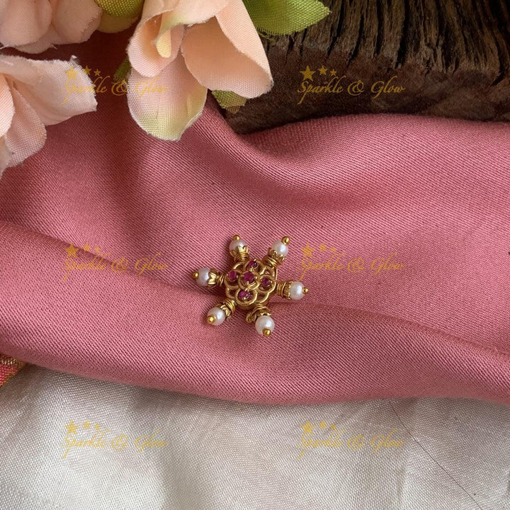 Gold polished snowflake center flower press type ad nose pin - White Pink - Sparkle and Glow