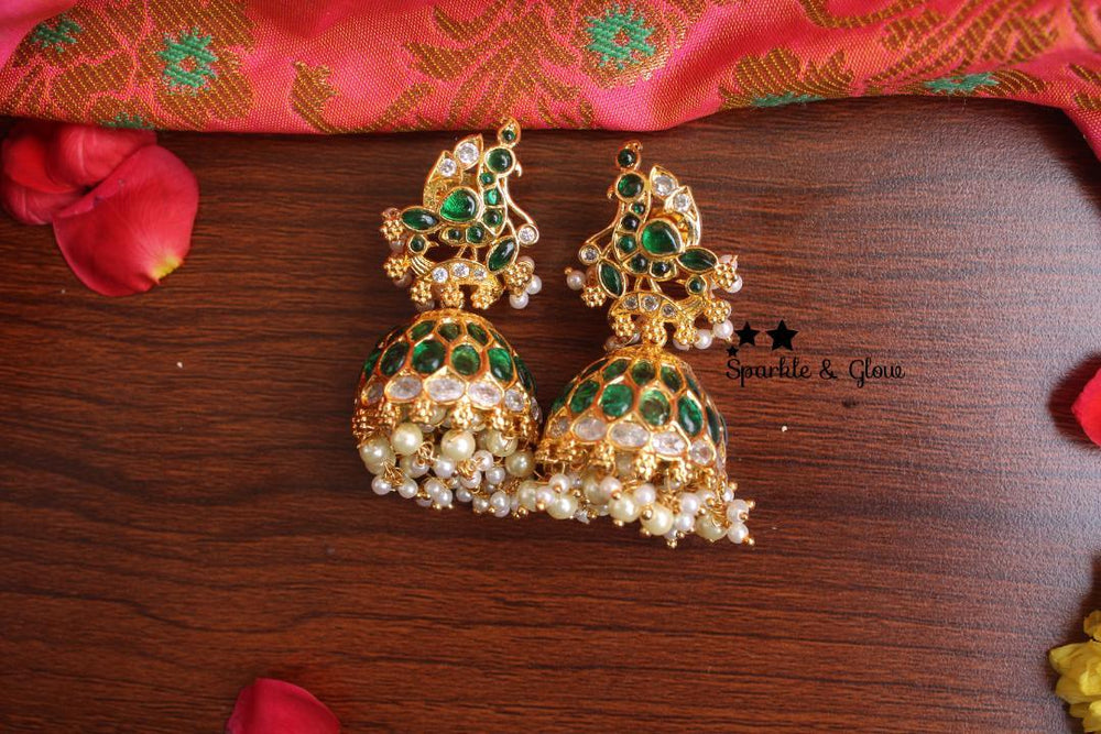 Real Precious kemp stones peacock jhumukas - Sparkle and Glow