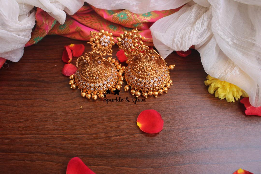Kemp flower studded bridal Jhumuks - White - Sparkle and Glow - White - 