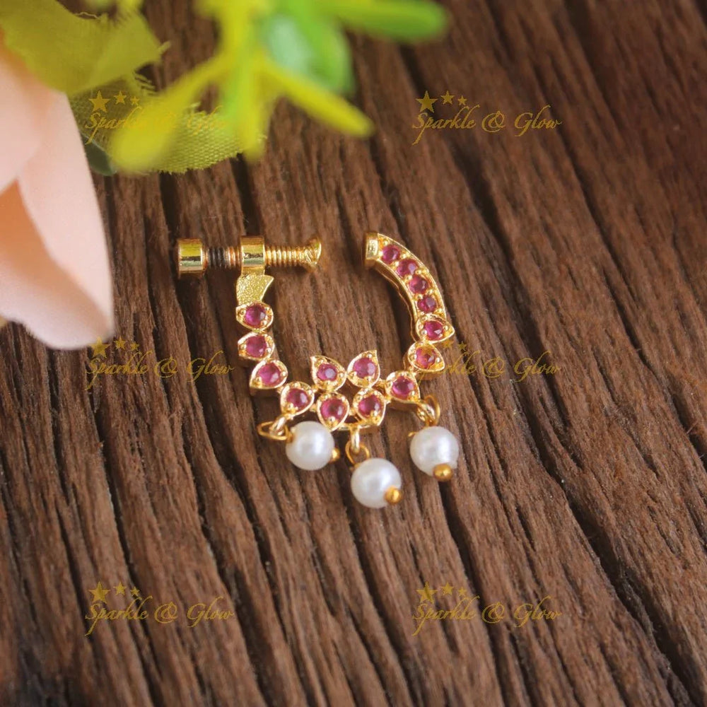 Gold screwtype ad nosepin with pearls-Pink - Sparkle and Glow