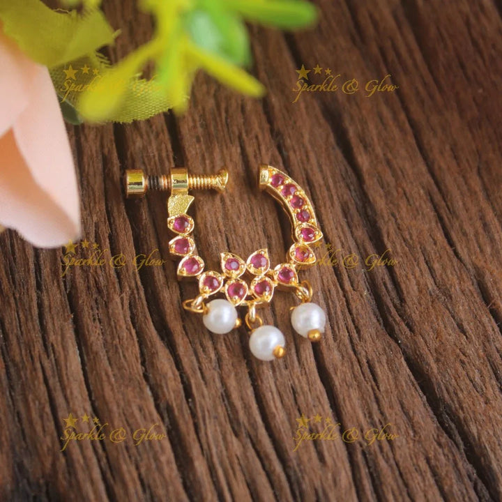 Gold screwtype ad nosepin with pearls-Pink - Sparkle and Glow
