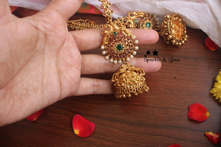 Kemp stones peacock intricate jhumukas with earchain