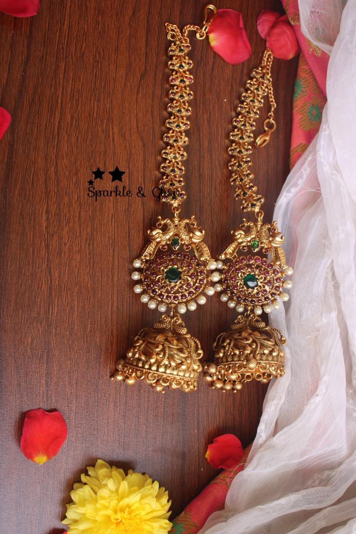 Kemp stones peacock intricate jhumukas with earchain