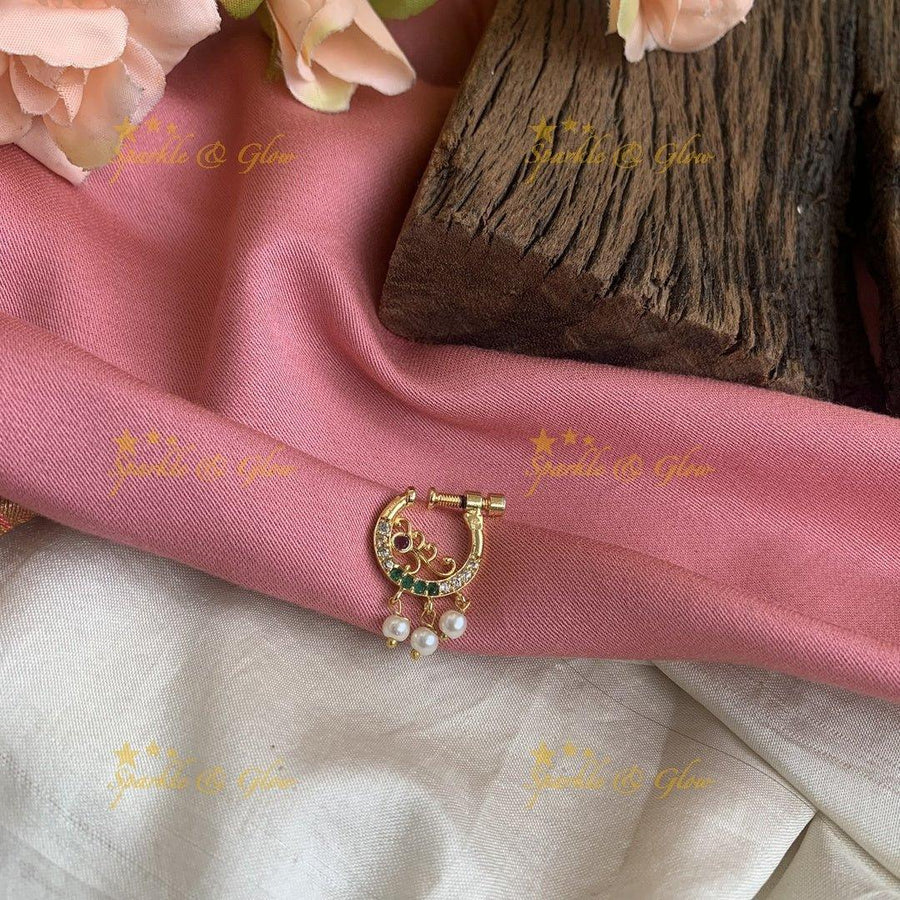 Gold screwtype ad nosepin with pearls-White Green - Sparkle and Glow