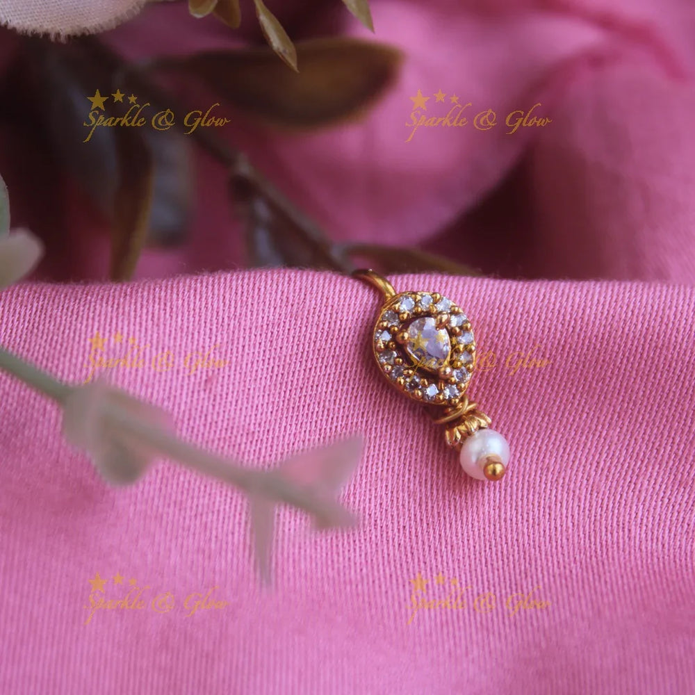 Gold tear drop press type ad nosepin with pearls-White - Sparkle and Glow