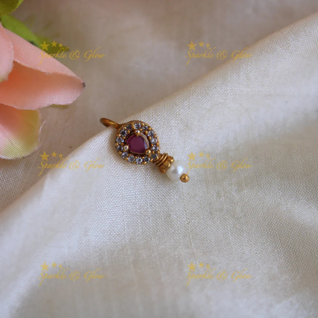Gold tear drop press type ad nosepin with pearls-White - Sparkle and Glow