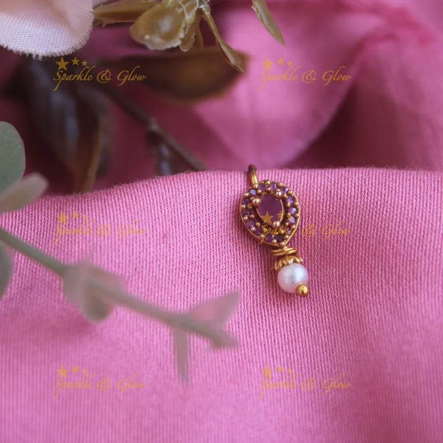 Gold tear drop press type ad nosepin with pearls-White - Sparkle and Glow