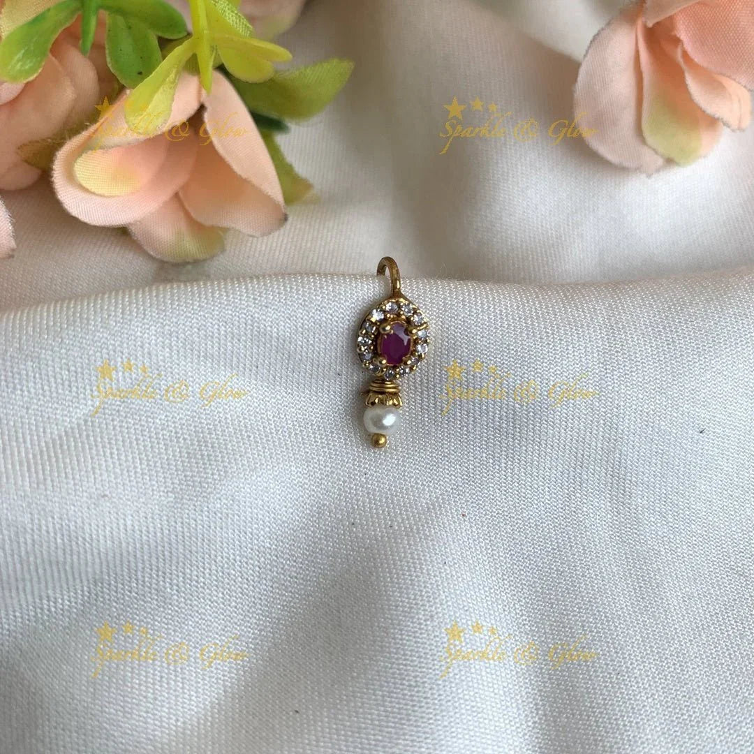 Gold tear drop press type ad nosepin with pearls-White Pink - Sparkle and Glow