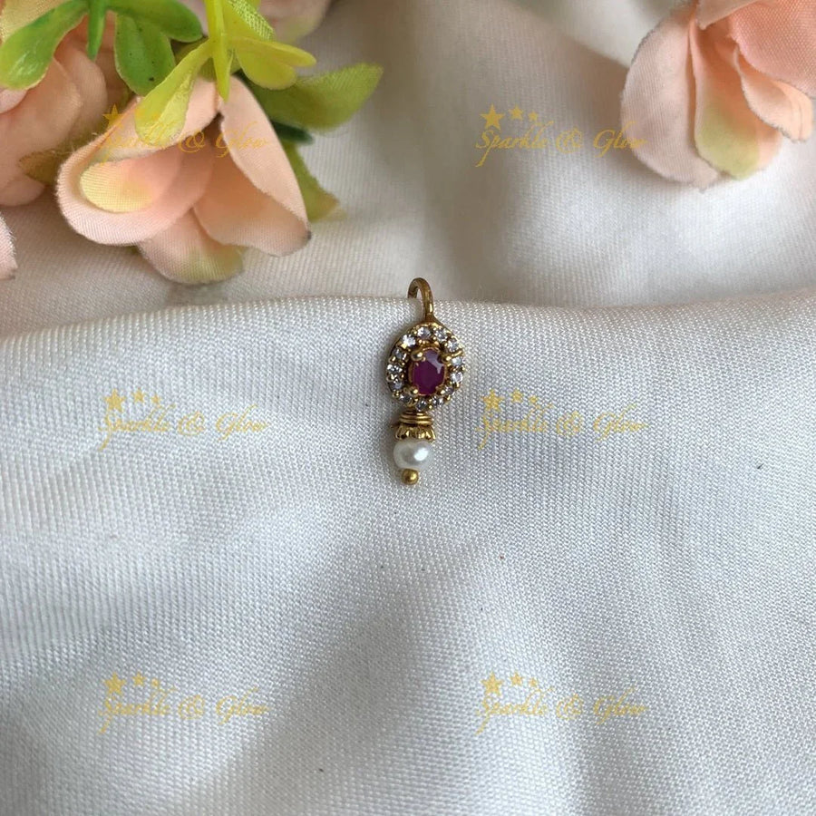 Gold tear drop press type ad nosepin with pearls-White Pink - Sparkle and Glow