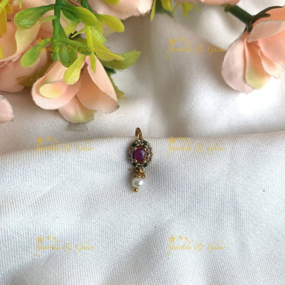 Gold tear drop press type ad nosepin with pearls-White Pink - Sparkle and Glow