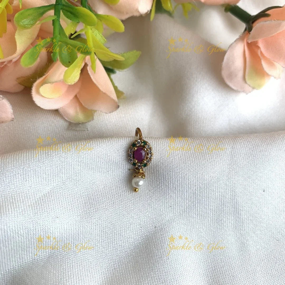Gold tear drop press type ad nosepin with pearls-White Pink - Sparkle and Glow