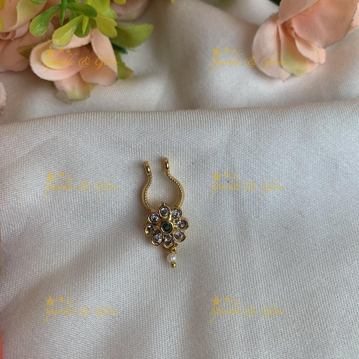 Gold floral press type ad nosepin with pearls- Green - Sparkle and Glow