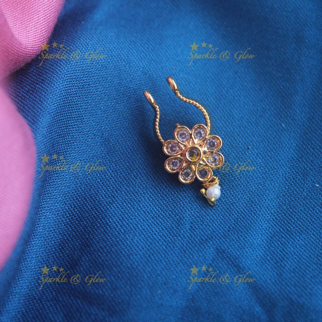 Gold floral press type ad nosepin with pearls- Green - Sparkle and Glow