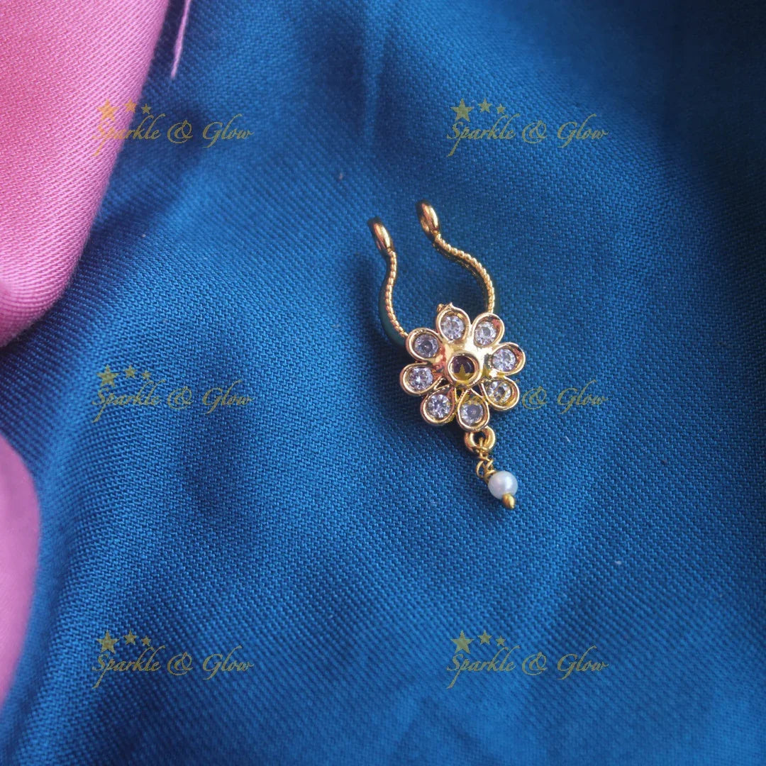 Gold floral press type ad nosepin with pearls- Green - Sparkle and Glow
