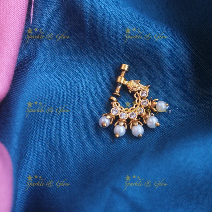 Gold ad Screw type fish nosepin with pearls- White - Sparkle and Glow