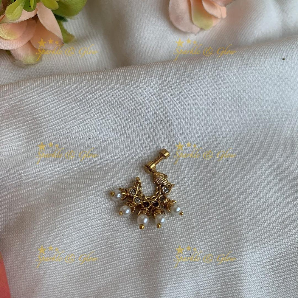 Gold ad Screw type fish nosepin with pearls- White - Sparkle and Glow