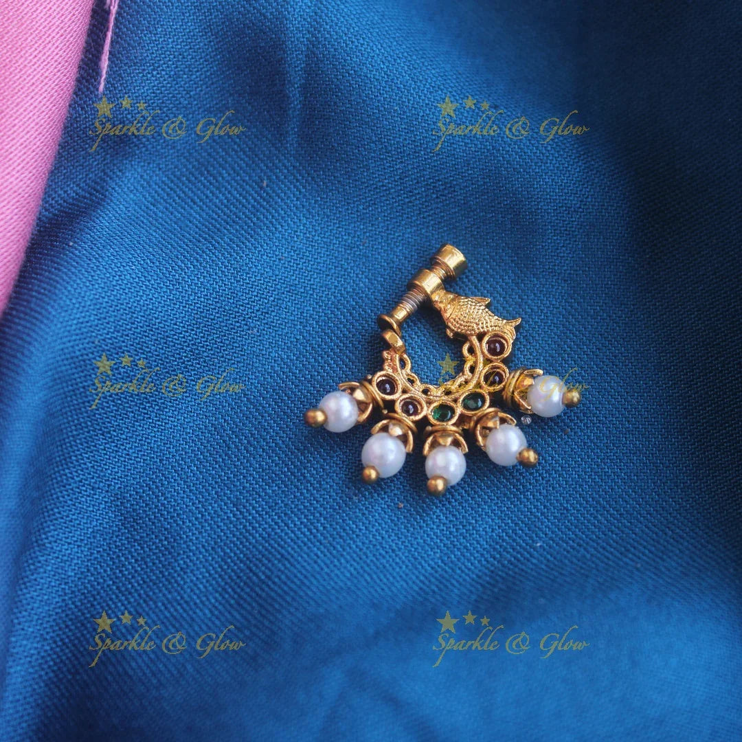Gold ad Screw type fish nosepin with pearls- White - Sparkle and Glow