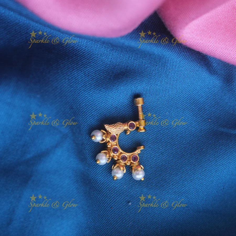 Gold ad Screw type peacock nosepin with Pearls - Sparkle and Glow