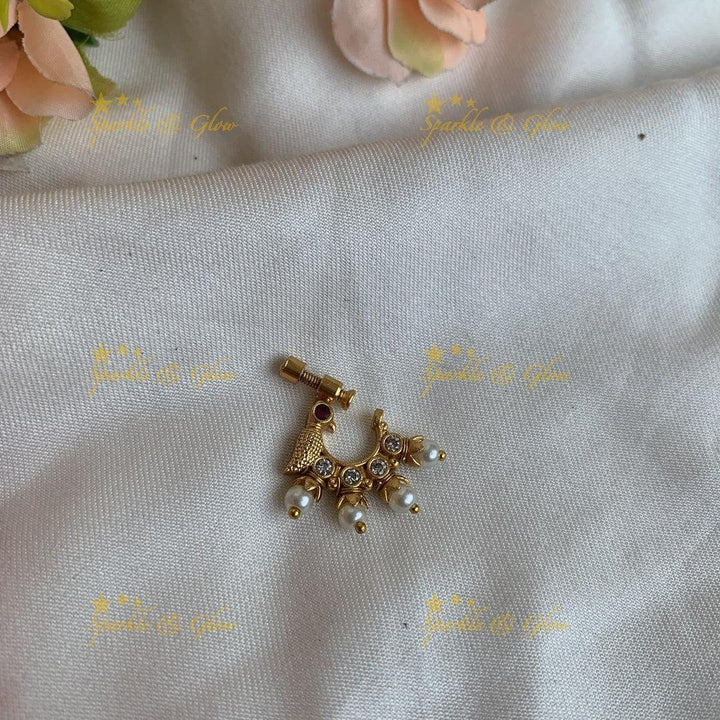 Gold ad Screw type peacock nosepin with Pearls - Sparkle and Glow