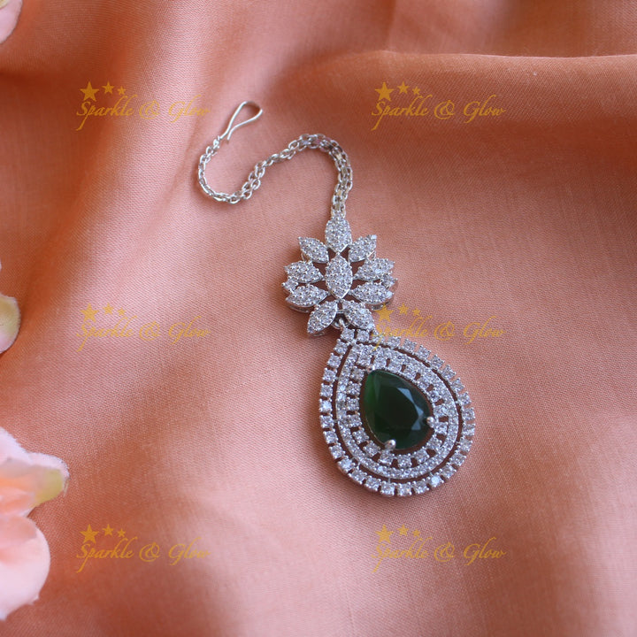 Sparkling silver polish american diamond floral and water drop design maang tikka