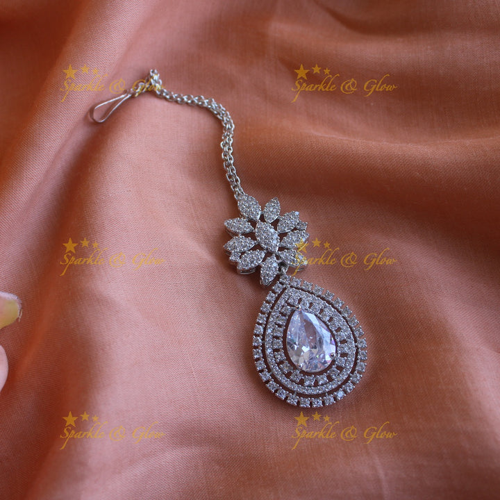 Sparkling silver polish american diamond floral and water drop design maang tikka