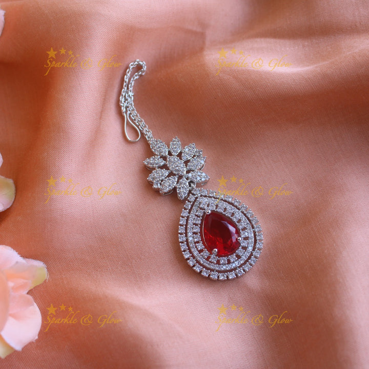 Sparkling silver polish american diamond floral and water drop design maang tikka
