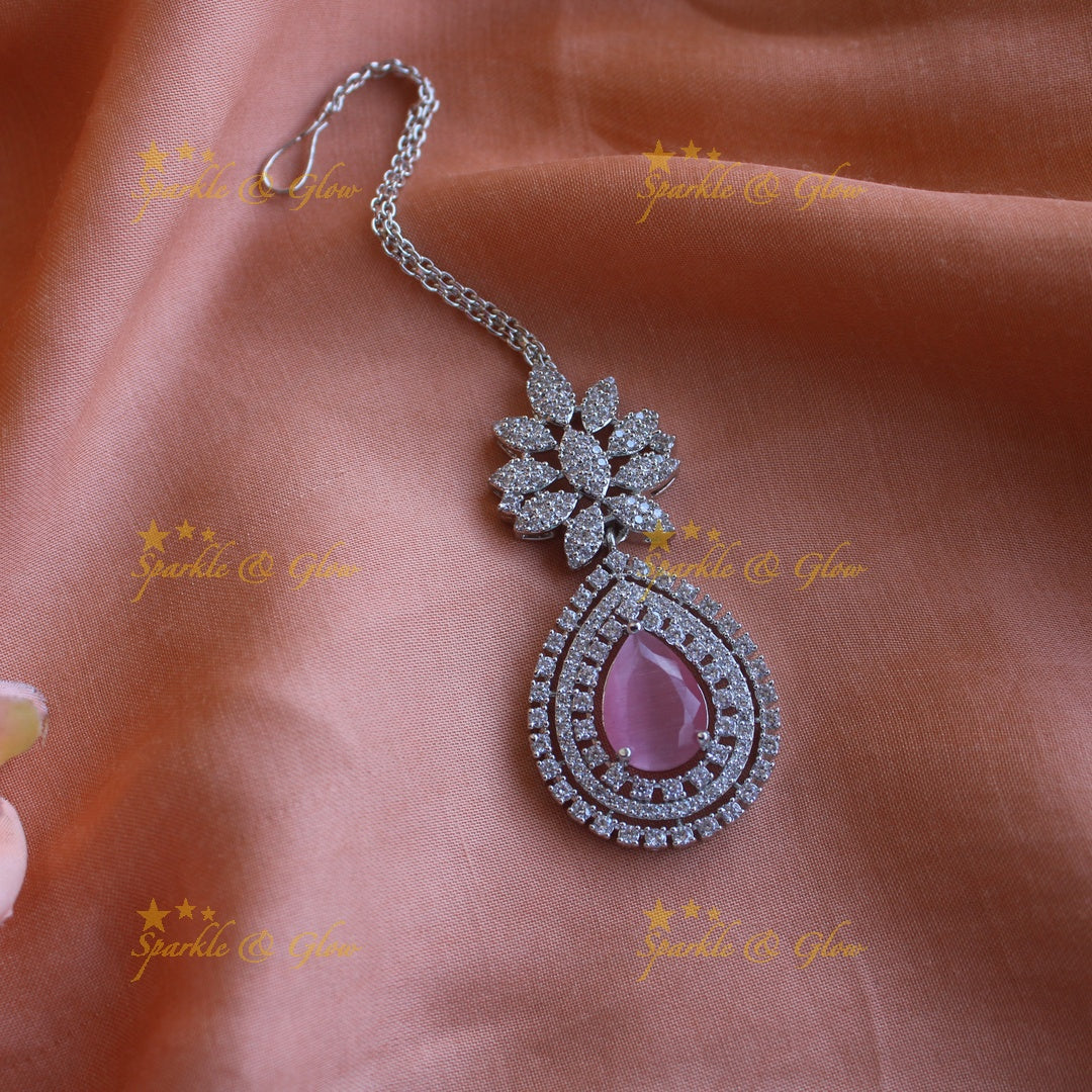 Sparkling silver polish american diamond floral and water drop design maang tikka