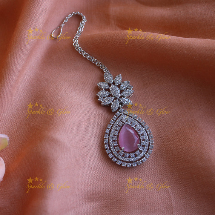 Sparkling silver polish american diamond floral and water drop design maang tikka