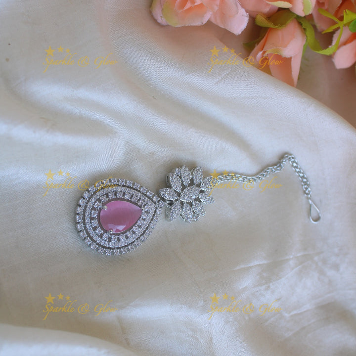 Sparkling silver polish american diamond floral and water drop design maang tikka