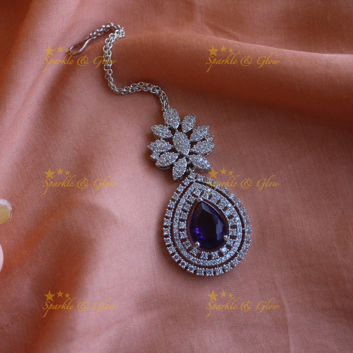 Sparkling silver polish american diamond floral and water drop design maang tikka