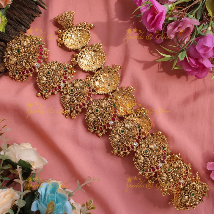 Beautiful Gold Alike intricately carved Peacock Long Bridal Jada billa with Gold beads - Sparkle and Glow