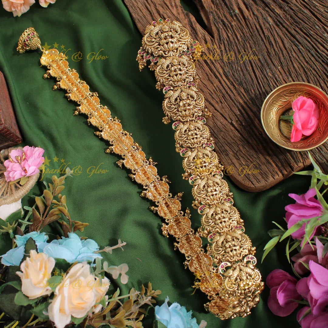 Gorgeous Gold Alike intricately carved Lakshmi and Peacock Long Bridal Jada billa with Gold beads - Sparkle and Glow